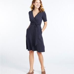 NWT LL Bean Cotton Tencel Slub Dress Elbow‎ Sleeve Navy Blue Medium *No Belt*